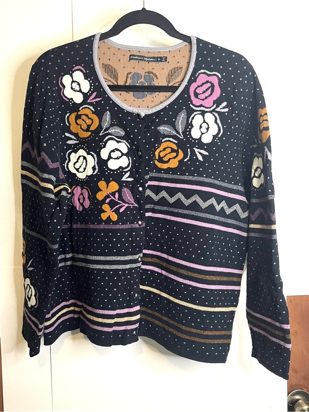 Gudrun Sjoden Women’s XL Black w/ Bird & Floral Cardigan Sweater